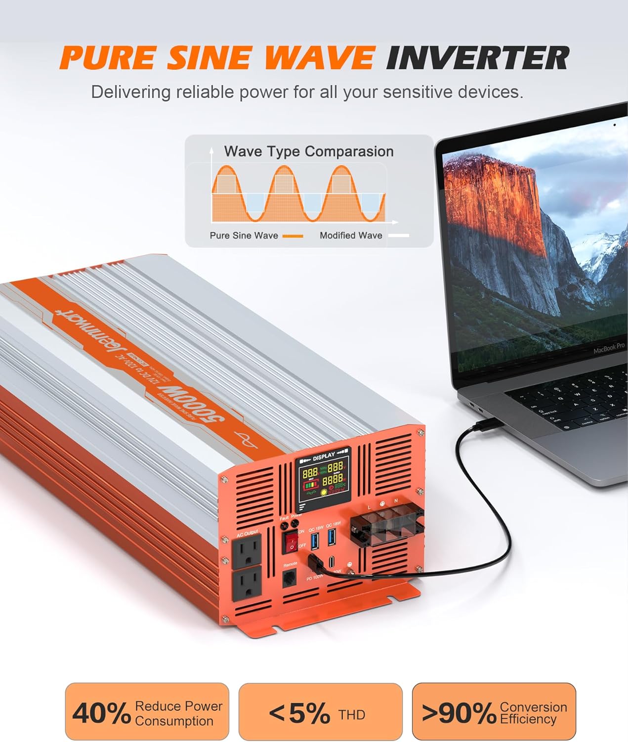 5000W Pure Sine Wave Inverter DC 12V to AC 120V Converter, Off-Grid Solar Power Inverters with Built-in 4 USB Ports, Hardwire Port, Remote Controller for Vehicles, Truck, RV, Home