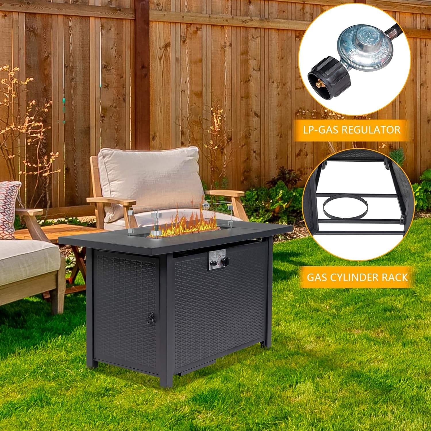 Propane Fire Pit Table, 50,000 BTU Gas Fire Pit, Patio Outdoor Fire Table, 43 Inch Rectangle Gas Firepits for Outsides Backyard with CSA Certified, Glass Wind Guard, Pit Lid, Auto Ignition, Cover