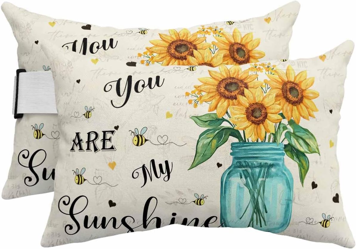 Outdoor Pillow for Chaise Lounge Chair Sunflower Vase Waterproof Lumbar Pillow with Insert My Sunshine Floral Headrest Pillow with Adjustable Elastic Stripe for Recliner Beach Garden Patio 12x20 Inch