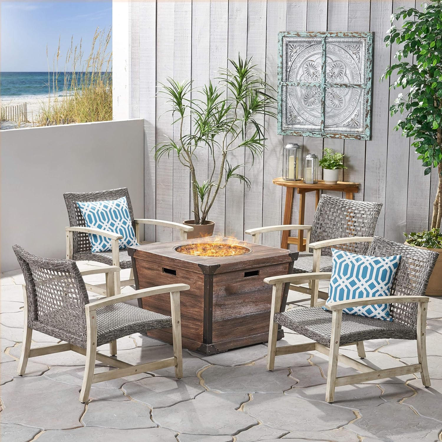 GDFStudio Outdoor 4 Piece Wood and Wicker Club Chair Set with Fire Pit, Light Gray with Mixed Black and Brown