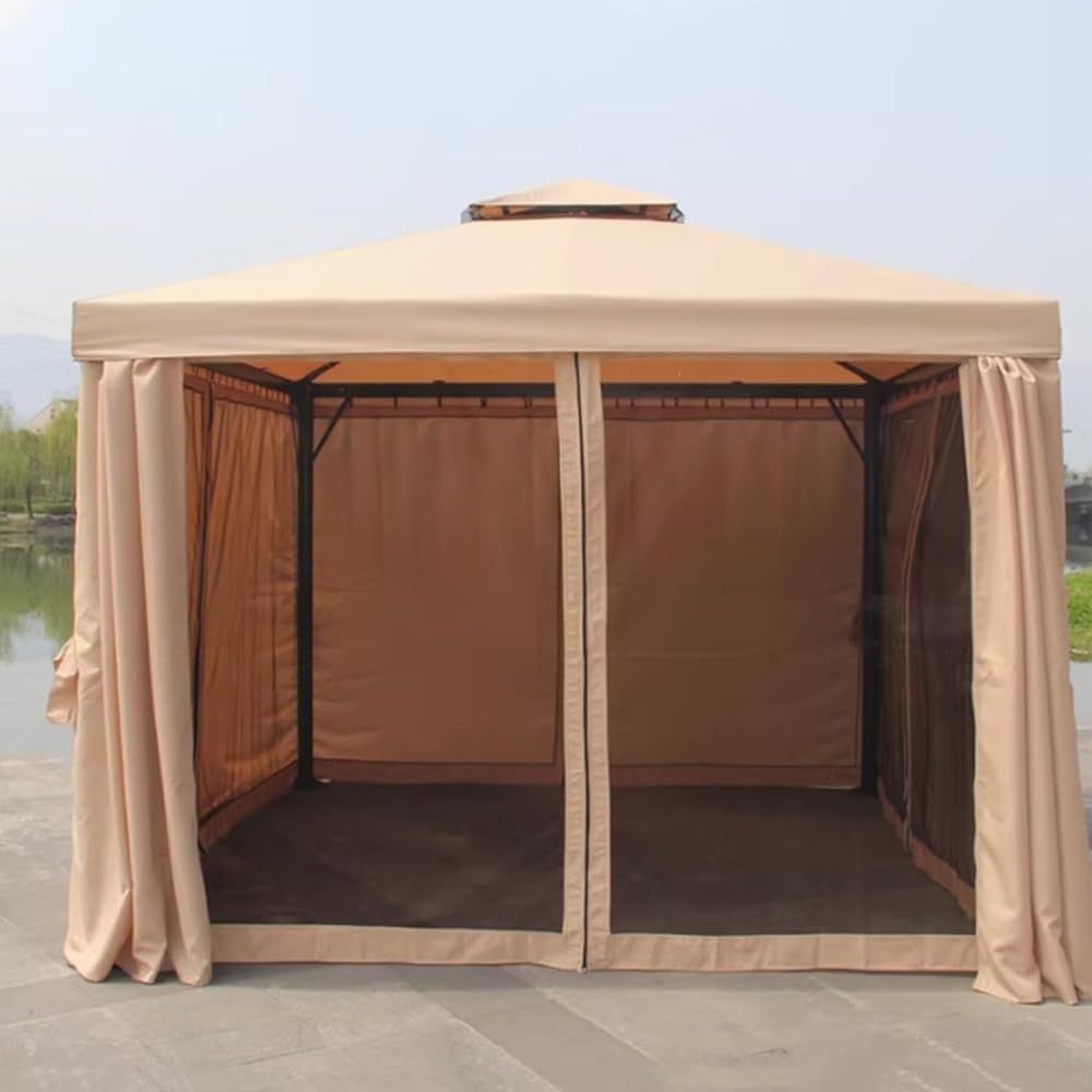 Outdoor Metal Double Roof Canopy, Pop Up Instant Gazebo Tent, Patio Garden Pergola with Zipper, Double-Track Curtain Design, for Garden, Porch, Lawn(Khaki)