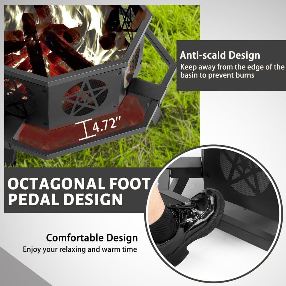 43 inch Fire Pit, Outdoor Octagonal Firepit, Heavy Duty Wood Burning Fire Pits with Star Ventilation Mesh, Outdoor Heating and Grilling, for Bonfire, Backyard, Camping, Patio, Picnic (Black, 43in)