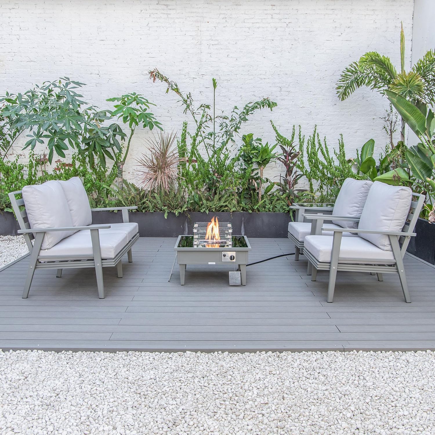 LeisureMod Walbrooke Modern Aluminum 5-Piece Patio Conversation Set with Outdoor Square Fire Pit Side Table Tank Holder, Light Grey