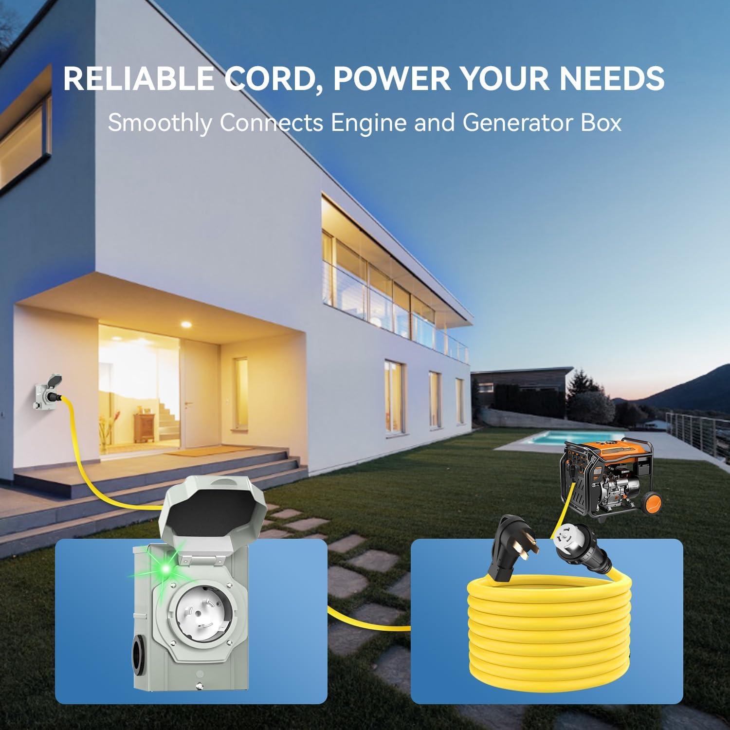 50 Amp Generator Cord and Power Inlet Box, Heavy Duty 25FT Generator Extension Cord, NEMA 14-50P to SS2-50R 125/250V Twist Locking with Pre-Drilled Inlet Box for Outdoor Emergency Kit