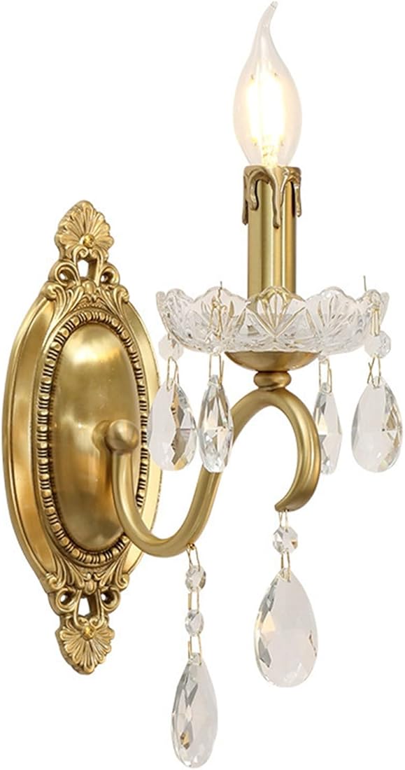 Wall Sconces French Style Vintage Crystal Wall Lamp Farmhouse Candle Brass Wall Sconces Traditional Crystal Wall Mounted Lighting Fixture for Bedroom Living Room Hallway Porch(1 head)