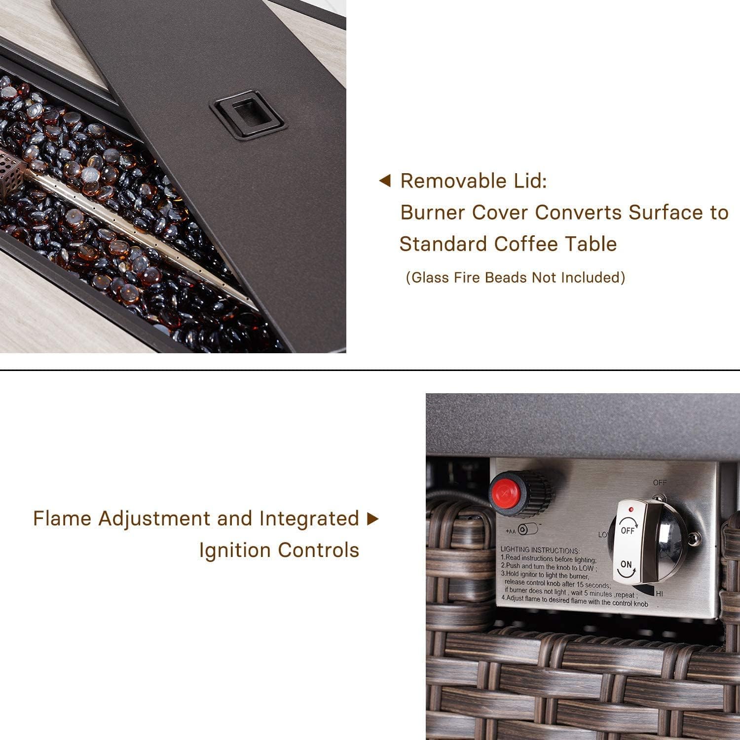 Grand patio Rocking Chair Set of 3, Rectangular Propane Fire Pit Table with Resin Wicker Base and Ceramic Tabletop, Royal Rocking Chairs with Padded Cushion and Faux Woodgrain Base