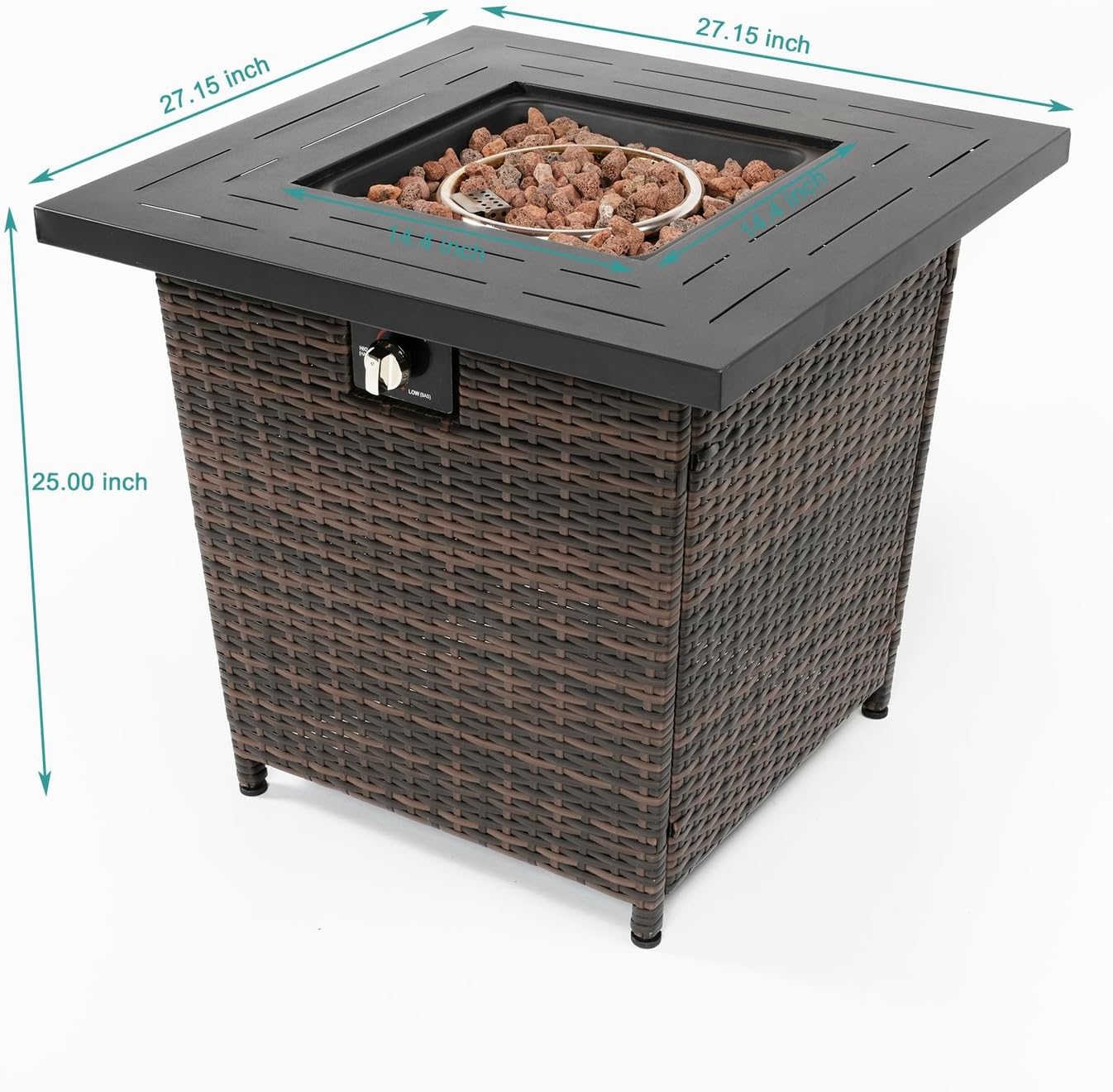 Penau 28inch Wicker Square Fire Pit Table, Durable PE Wicker Body, Steel Tabletop, Adjustable Flame Control, Perfect for Patio, Black Brown