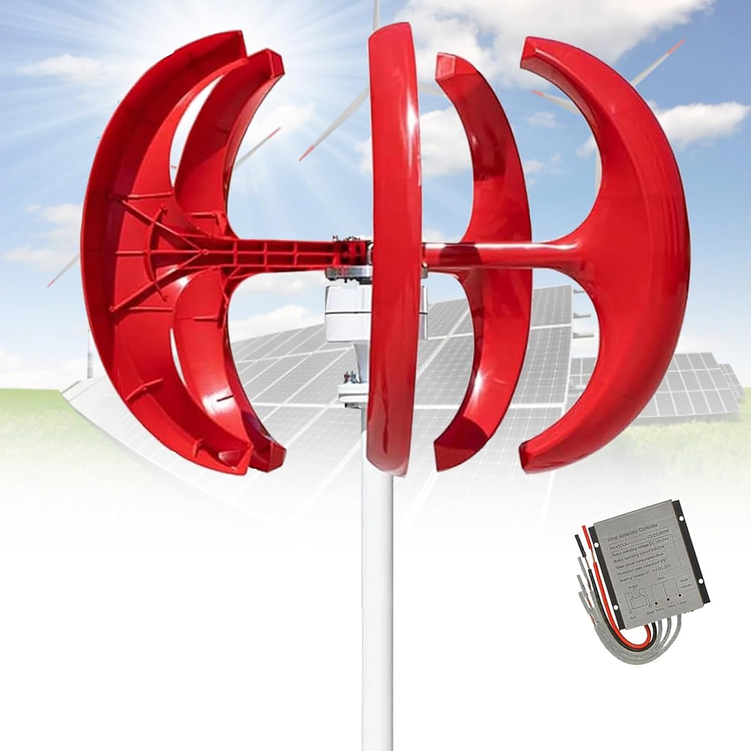 16000W Vertical Axis Wind Turbine Generator Kit, 5-Blade 12V/24V/48V System with Controller, Ideal for Home, Camping, Boat - Efficient Renewable Energy Solution in Red