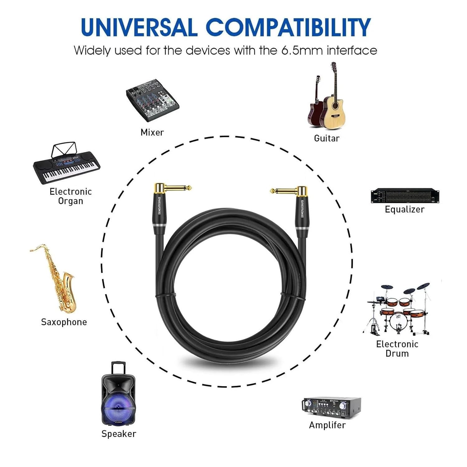 6.5mm TS Instrument Cable 1/4 Inch Right Angle to Electric Guitar Bass Audio Cord for Keyboard Mixer Amp Ect(6.5mm-TS,1m)