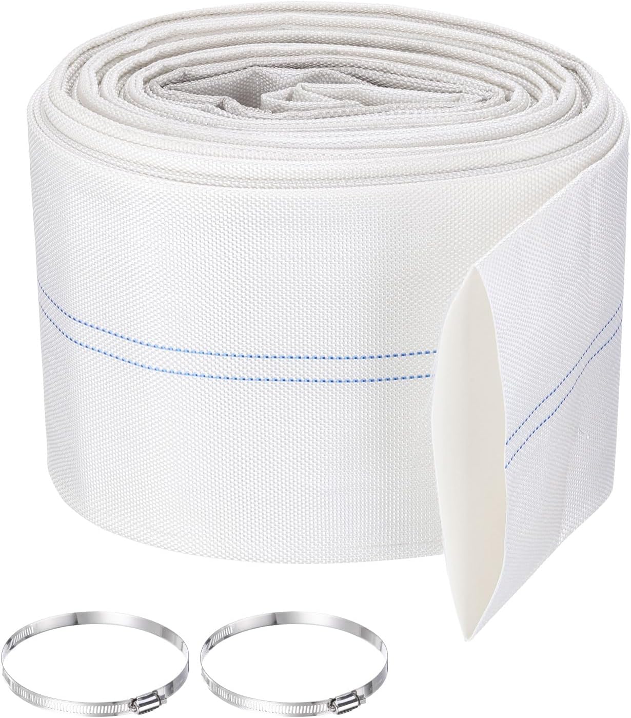 Pool Backwash Hose, 5 Inch x 62ft Reinforced Drain Hose PVC Lay Flat Water Discharge Pump Hoses for Pool Filter Swimming Pump, with 2pcs Clamps, White