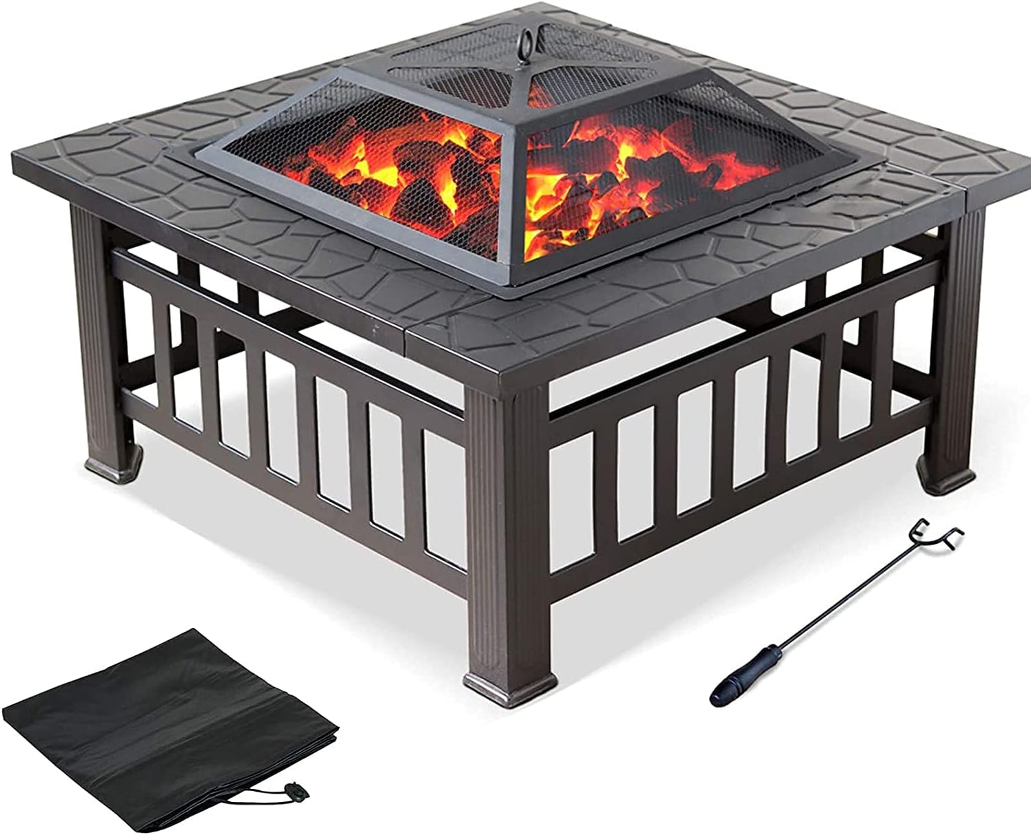 32In Outdoor Fire Pit Metal Square Firepit Patio Stove Wood Burning BBQ Grill Fire Pit Bowl with Spark Screen Cover, Poker