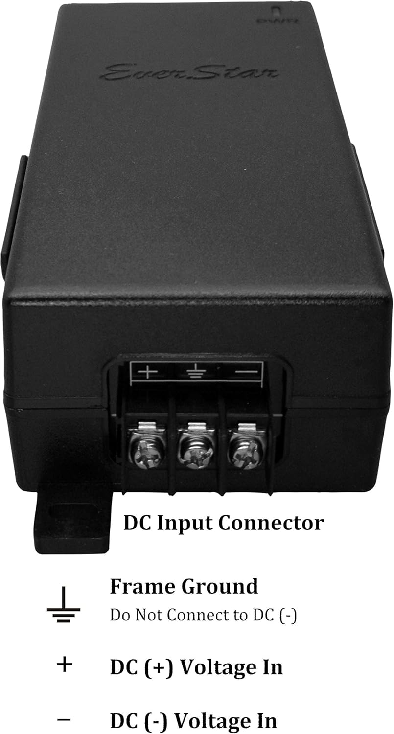 EverStar iPoE-65W55GDM Gigabit | 18-36V DC in | 55VDC/1.18A 65W PoE++ Out | DC-DC Converter + Passive Mode A&B Solar PoE++ Injector for AirFiber AF-24_24HD_5/5U_11FX, AXIS Cameras | Black