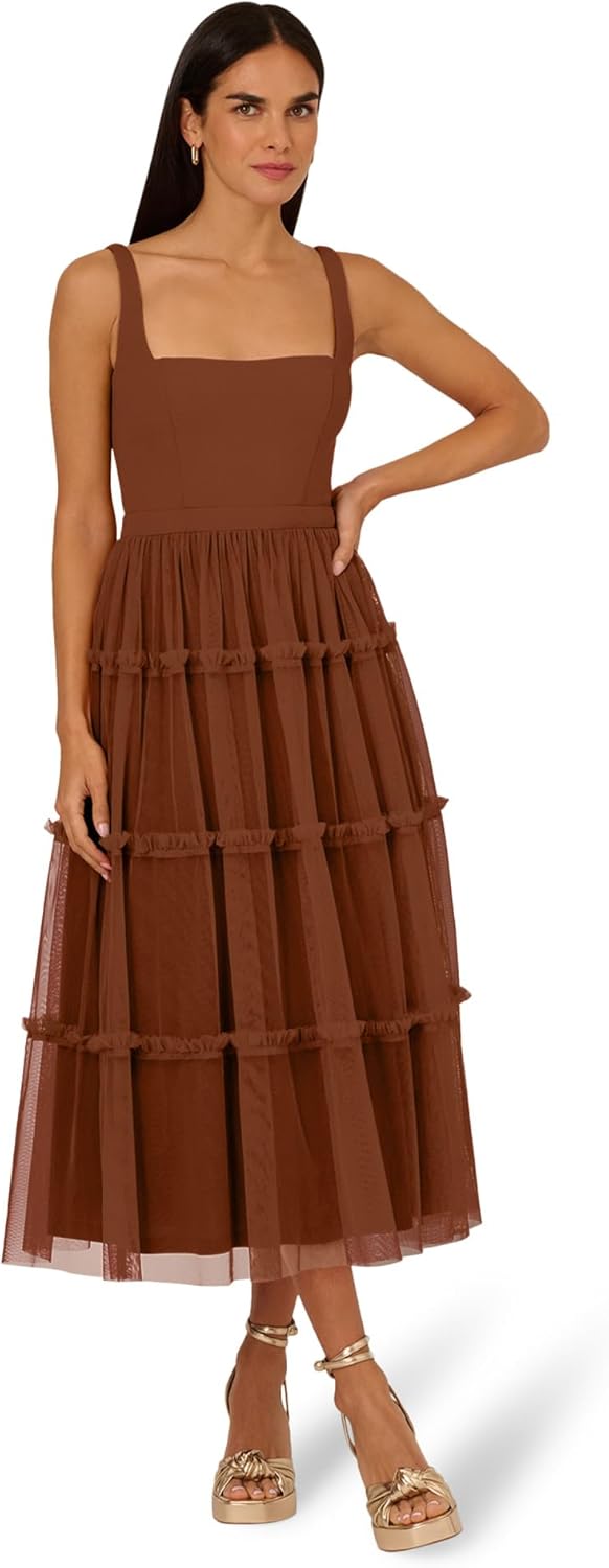 Adrianna Papell Womens Knit and Mesh Midi Dress