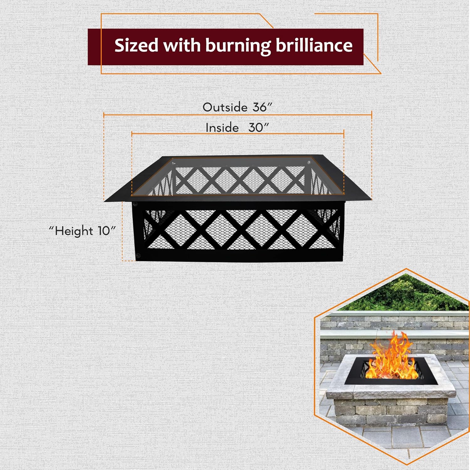 FEBTECH Portable Fire Pit Ring Square - Solid Carbon Steel 36 Inch Square Fire Ring Insert with Crossweave Design & in-Built Spark Protective Mesh – Perfect for Outdoor Gatherings & Camping Bonfires