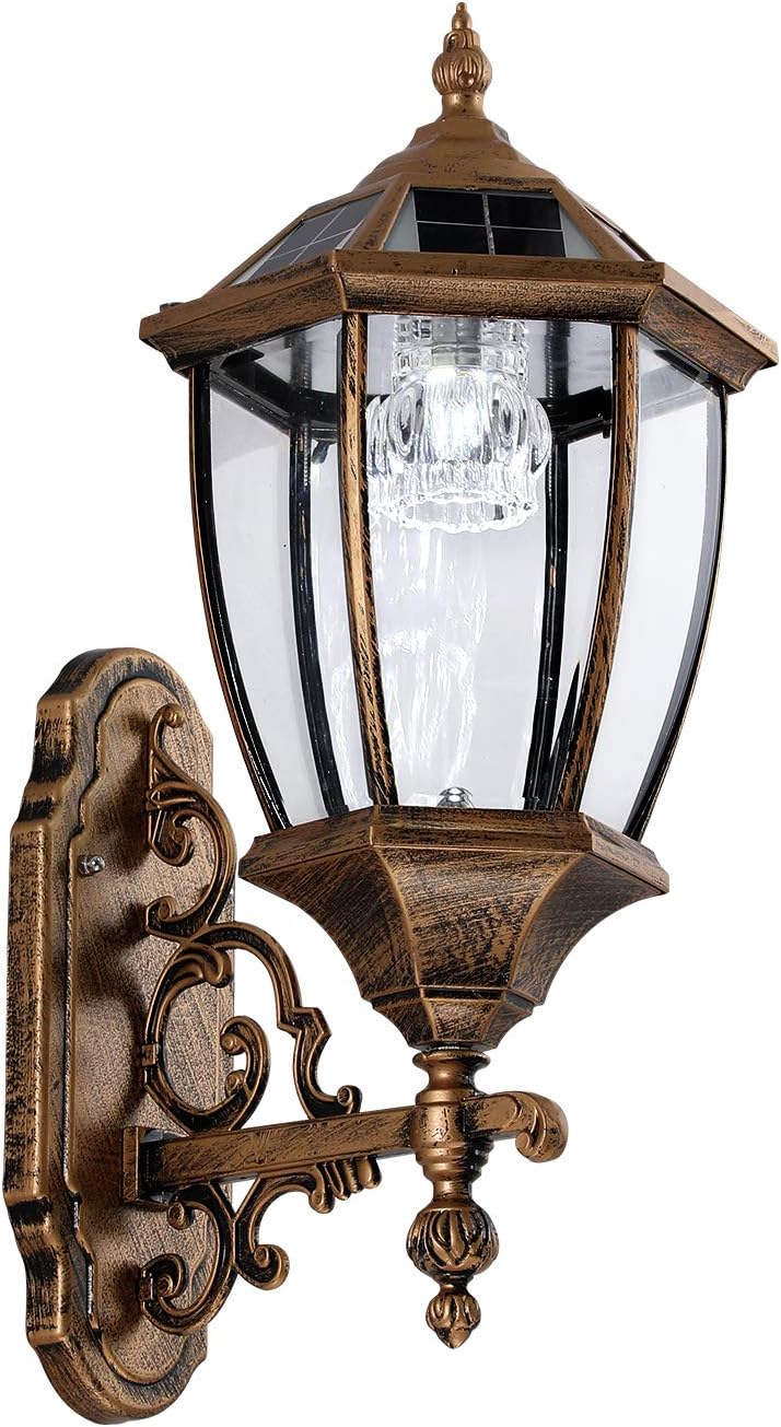 Solar Wall Lamp with Light Sensor, Waterproof Outdoor Led Hexagonal Light Fixture for Garage, Front Porch, Fence, Yard, Bronze