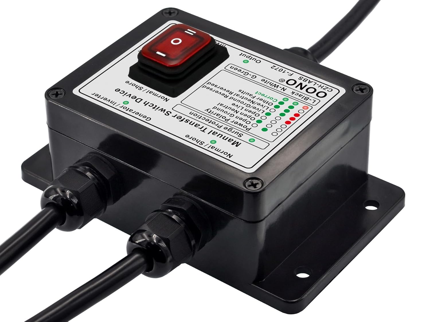 Manual Transfer Switch, AC120V 15Amp, with Surge Protection and Power Polarity Monitoring, for Generator, Inverter, Solar. OONO F-1072