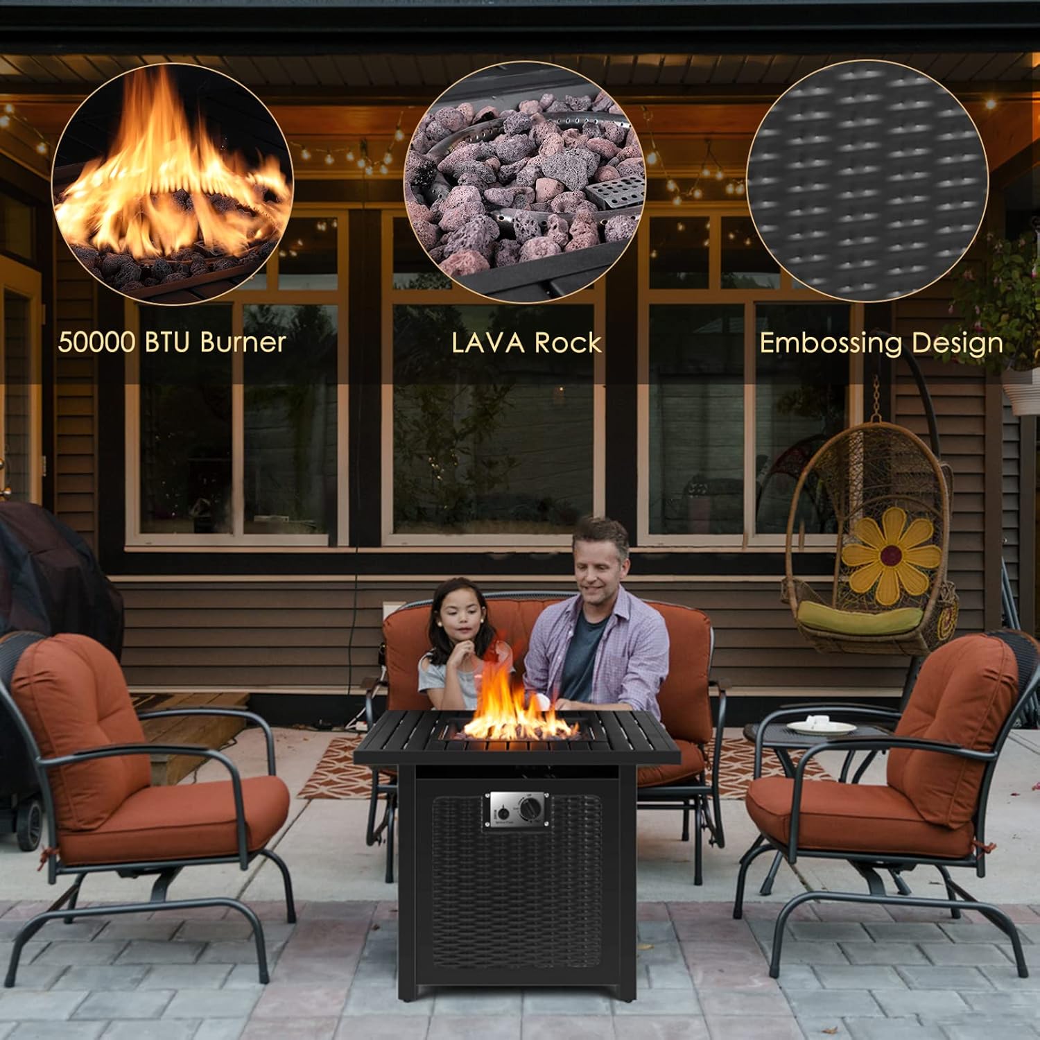 Gas Square Fire Bowl Propane Fire Pit Table - Outdoor Fireplace with Lid, Auto-Ignition, Waterproof Cover, Lava Rock - Perfect for Party, Garden, Patio, Yard