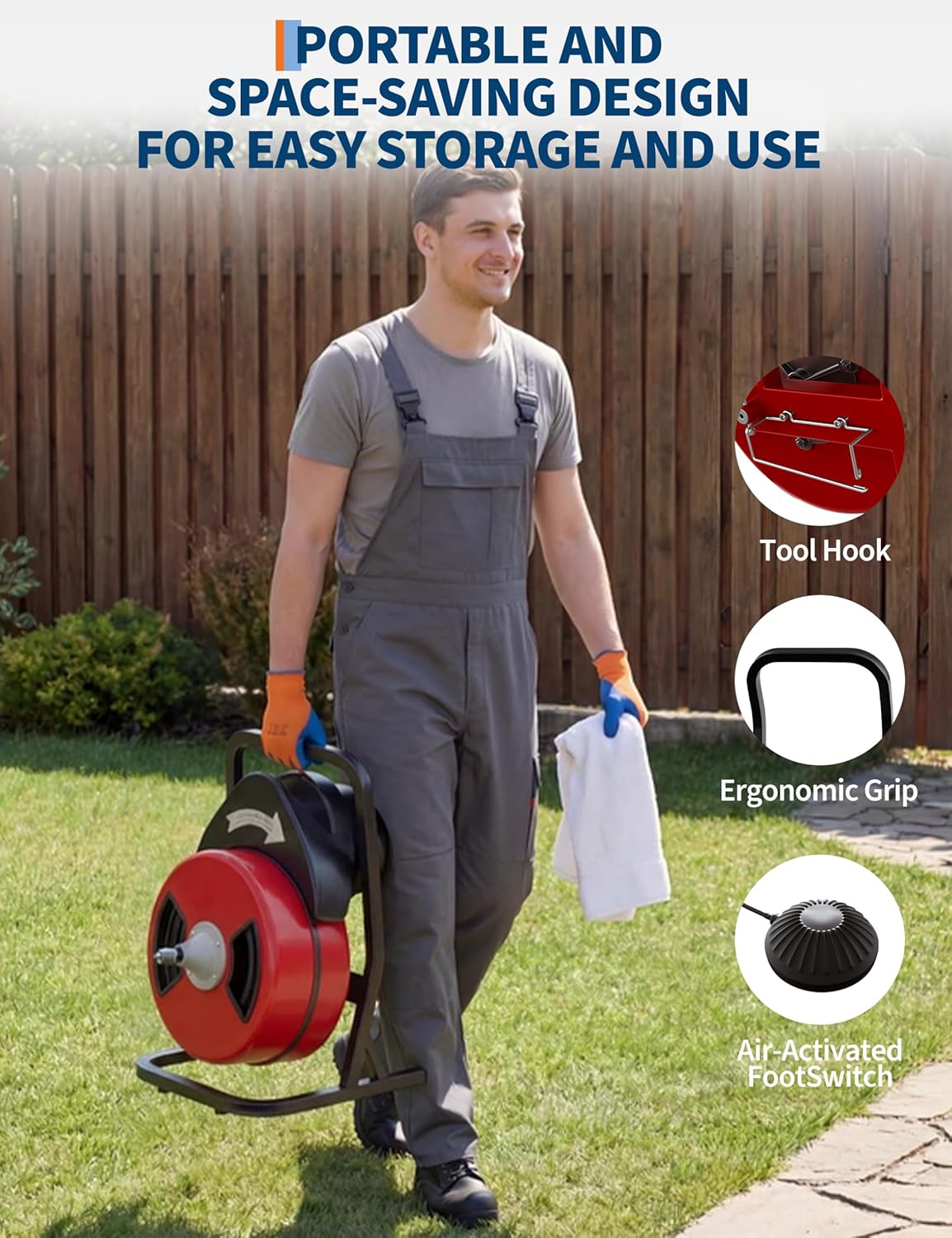 Drain Cleaner Machine 50FT x 1/2 Inch Steel Core Cable Portable 250W Electric Drain Cleaning Machine With Sewer Auger, Cutter, Air-activated Foot Switch, for Commercial, Home