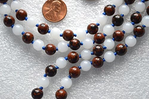 Moonstone and Obsidian Mala Necklace, Hand Knotted 8mm 108 Prayer Beads, Gift for Men Women, Unearth Your Inner Balance