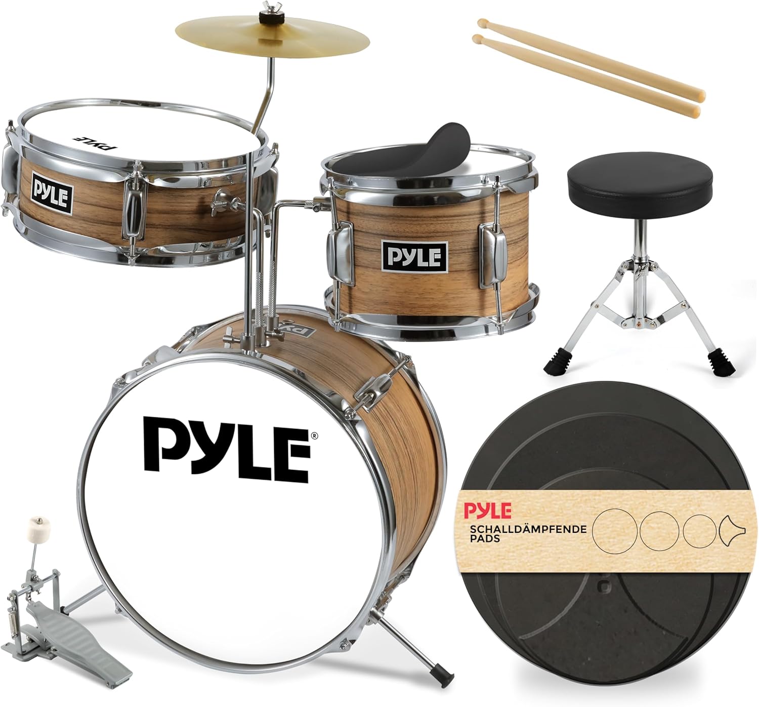 Pyle Kids Drum Set, 3 Piece Beginner Junior Drummer Kit with 13