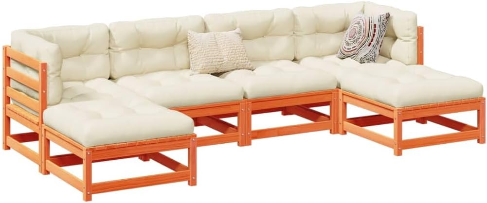 6 Piece Patio Sofa Set with Cushions Wax Brown Solid Wood Pine, Patio Furniture Sets, Outdoor Furniture