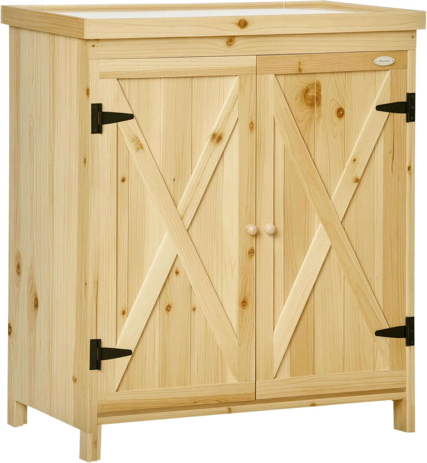 Outsunny Garden Storage Cabinet, Outdoor Tool Shed with Galvanized Top and Two Shelves for Yard Tools or Pool Accessories, Natural