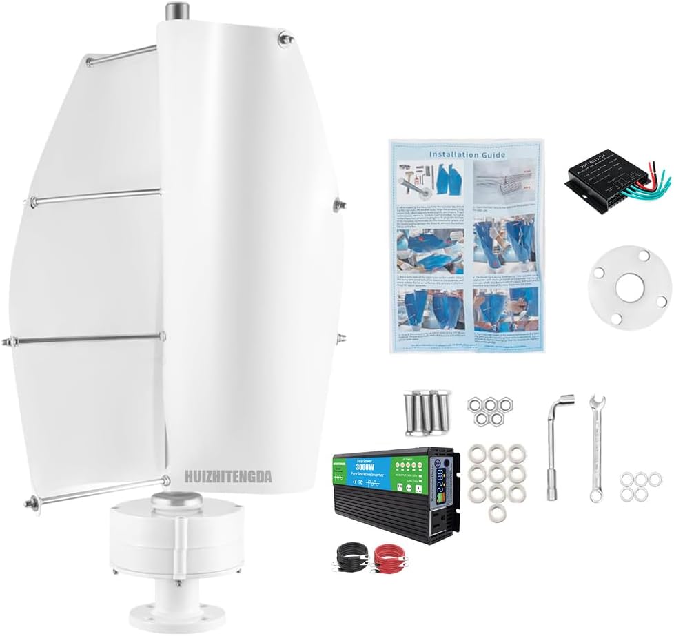 3000W Vertical 2 Blades Wind Turbine Generator Kit, with Inverter 12V 24V 48V 220V Wind Permanent Magnet Generator for Boats, Terraces, Cabins & Street Lighting