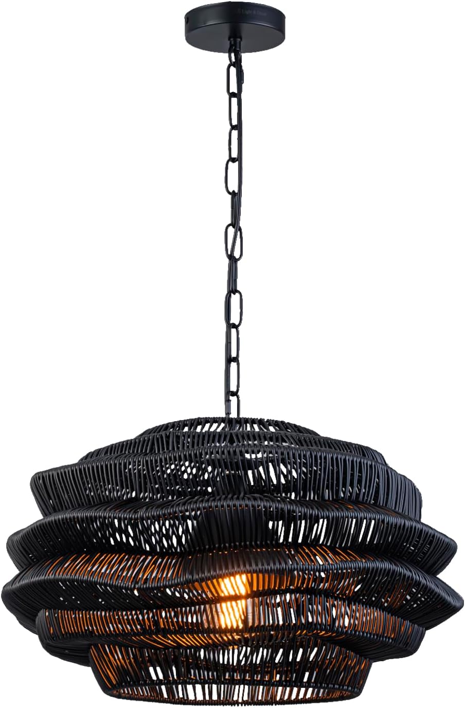 Outdoor Black Rattan Coastal Pendant Light – Handmade Nautical Boho Chandelier – Natural Wicker Ceiling Lamp for Beach House, Tropical & Bohemian Home Decor (Black, 11