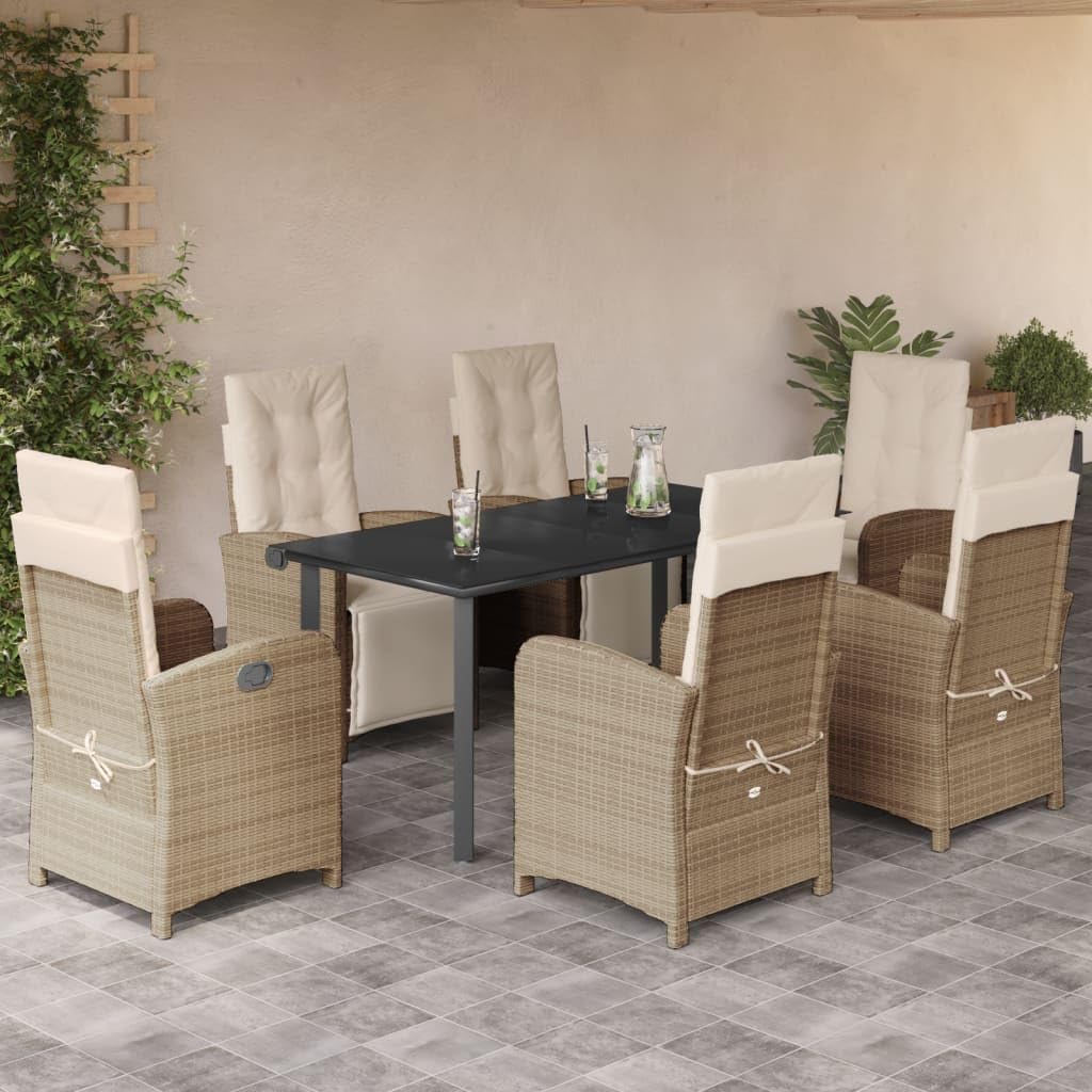 7 Piece Patio Dining Set with Cushions Beige Poly Rattan,Reclining Patio Dining Set with Adjustable Backrest and Footrest for Outdoor Comfort Patio Furniture Sets, Outdoor Furniture Sets