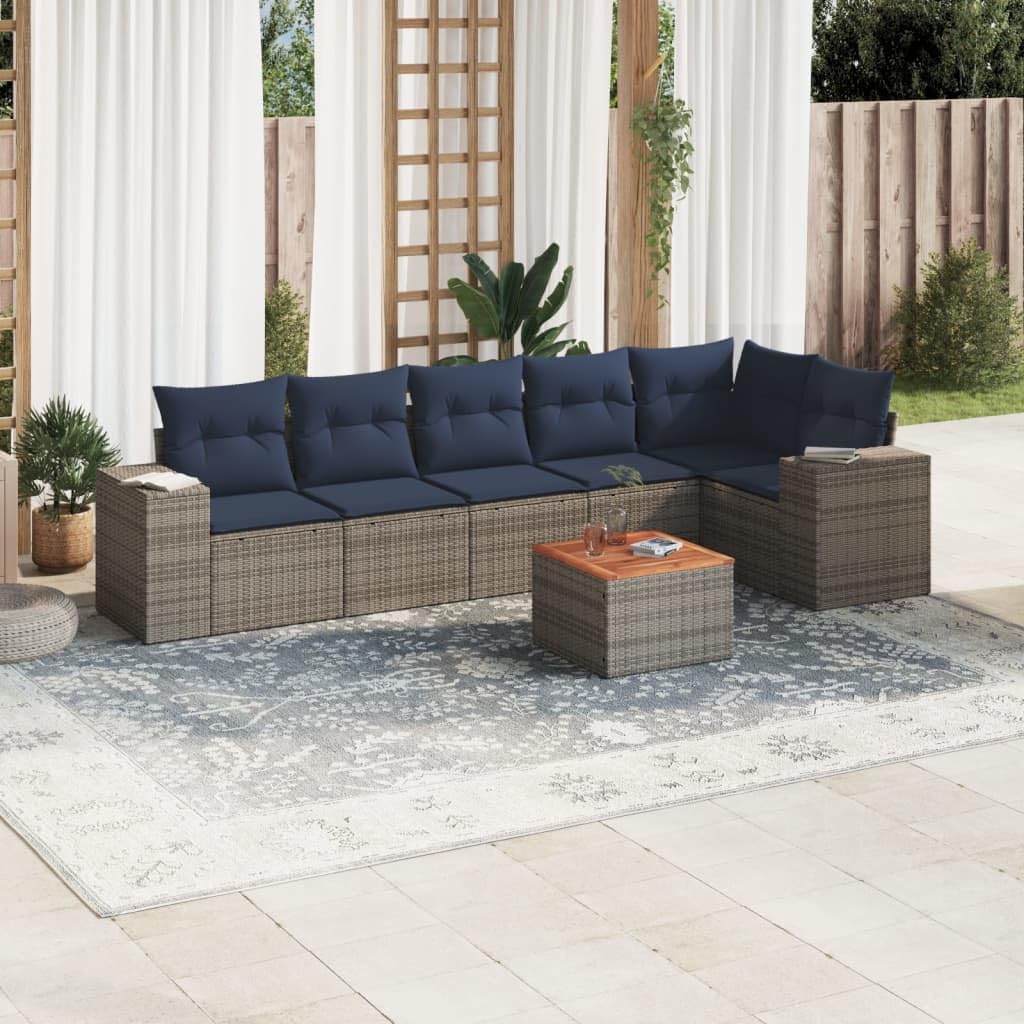 7 Piece Gray Poly Rattan Patio Sofa Set, Acacia Wood Tabletop, UV-Proof Outdoor Sectional Furniture with Navy Blue Cushions for Garden, Balcony