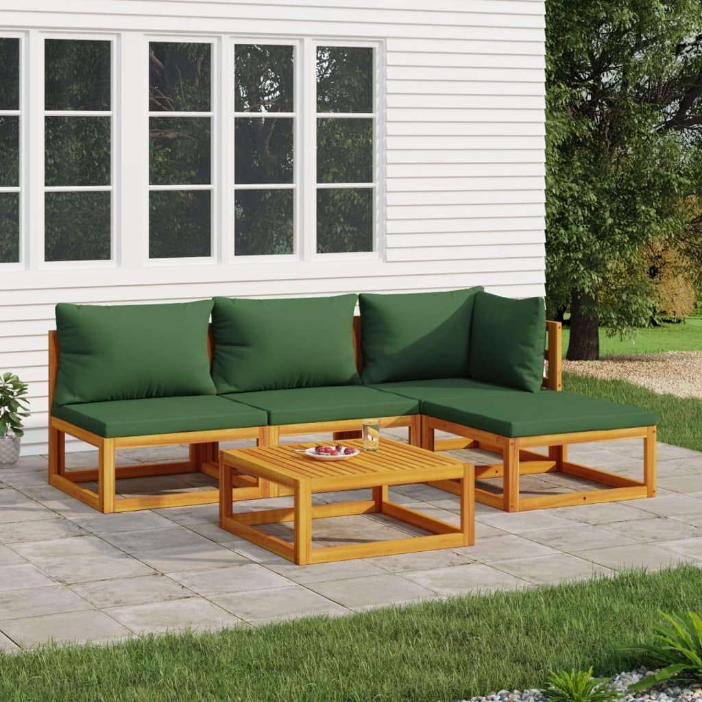 Patio Set 5 Piece Patio Lounge Set with Green Cushions Solid Wood
