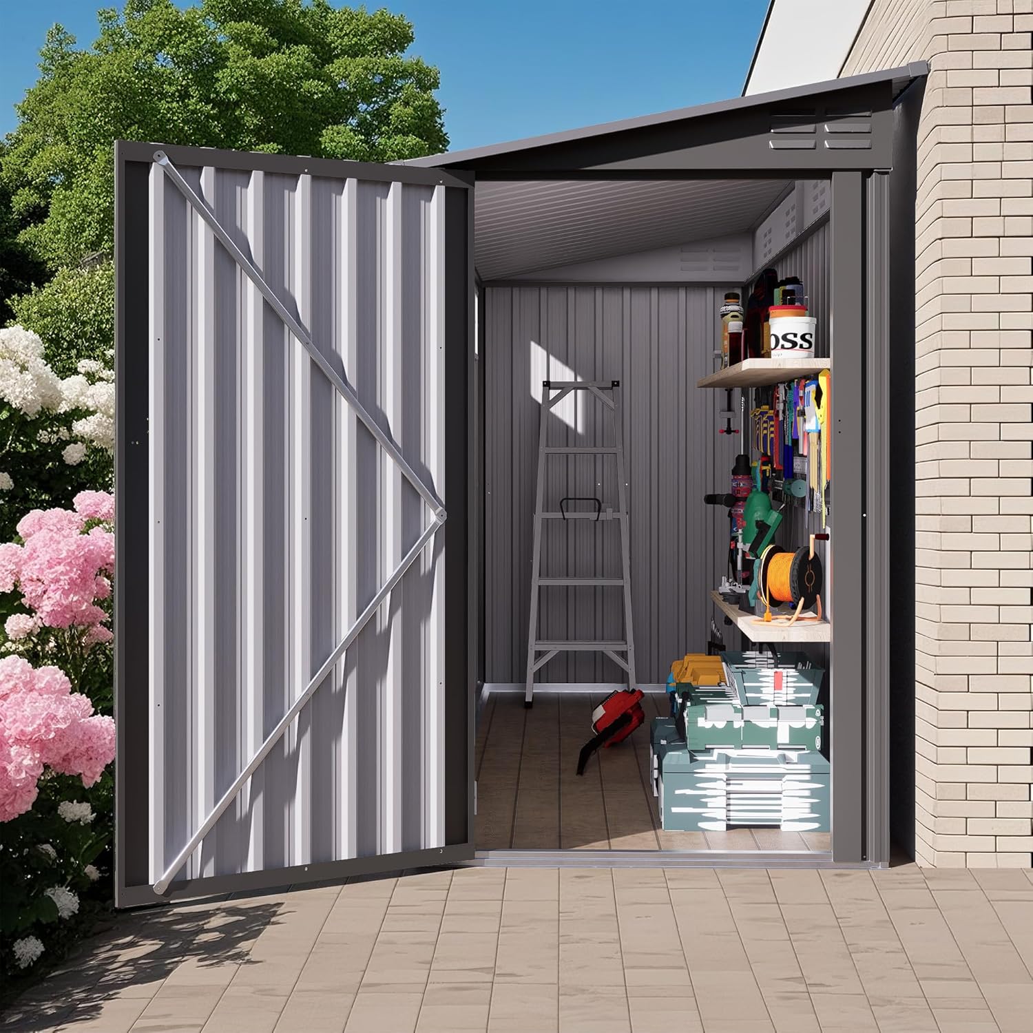 4 x 9 FT Outdoor Storage Shed - Metal Garden Shed Tool House with Side Door, Sloping Roof and 2 Vents for Backyard, Garden, Patio Furniture, Garage, Lawn(Grey)