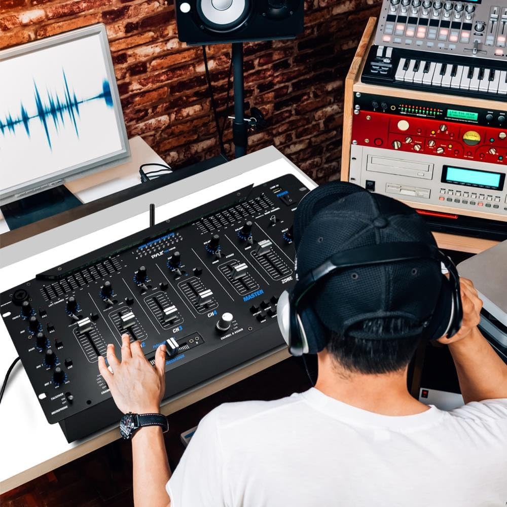 Pyle 6 Channel Mixer DJ Controller with Bluetooth, Professional Sound Digital Mixing System with LED Illumination, Slider Controls, Speed Control, 10 Band Equalizer 5U Rack Mount System - PYD1964B.5