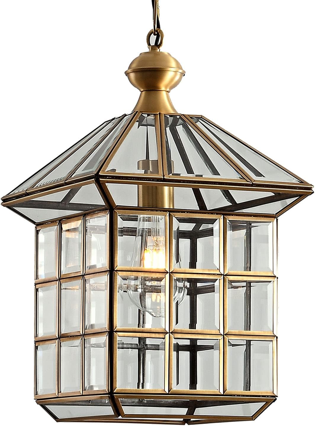 Milaii Copper Brass Outdoor Pendant Lights, Waterproof Hanging Porch Light Exterior Lantern Light Fixture with Clear Glass Outdoor Chandelier for Patio Kitchen Dining Room Entryway