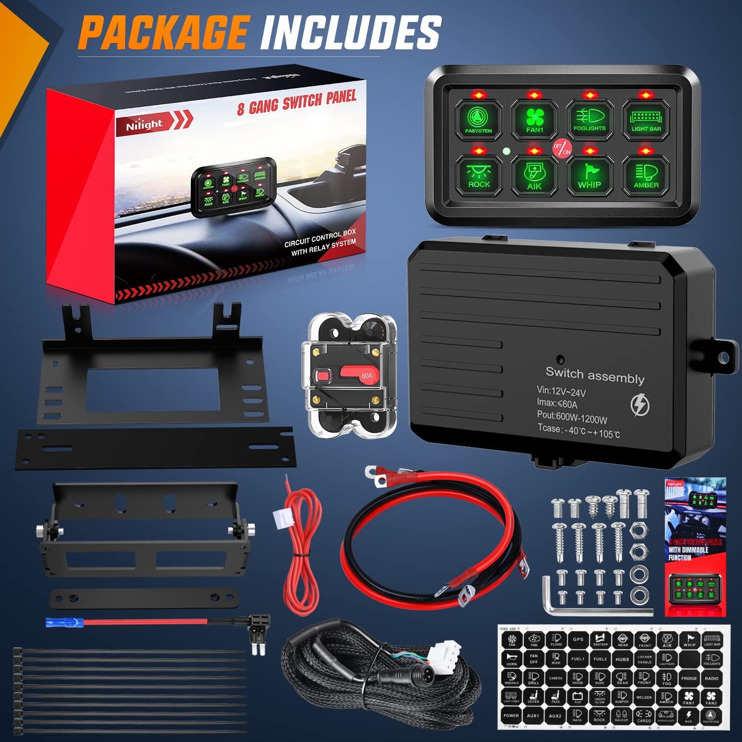 Nilight 8 Gang Switch Panel System Circuit Control Relay System Fuse Wiring Harness Automatic Dimmable ON Off LED Switch Pod for 12V Cars Trucks Campers SUV, 2 Years Warranty