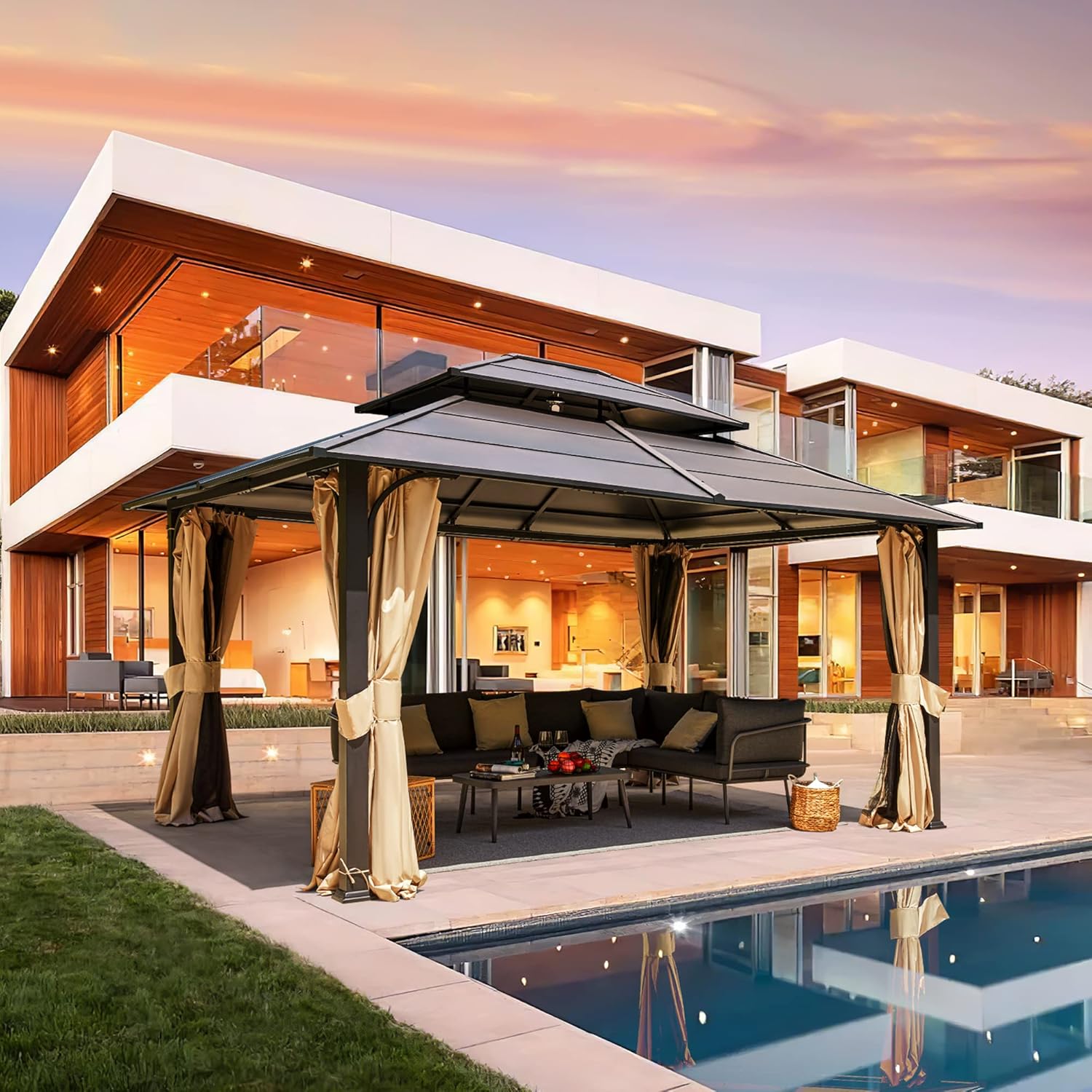 MELLCOM 12 x 14 FT Iron Hardtop Gazebo, Double Roof Design with Curtains and Netting, Waterproof Canopy Gazebos with Anti-Rust Coating Frame for Patios, Lawns, Gardens, and Backyard