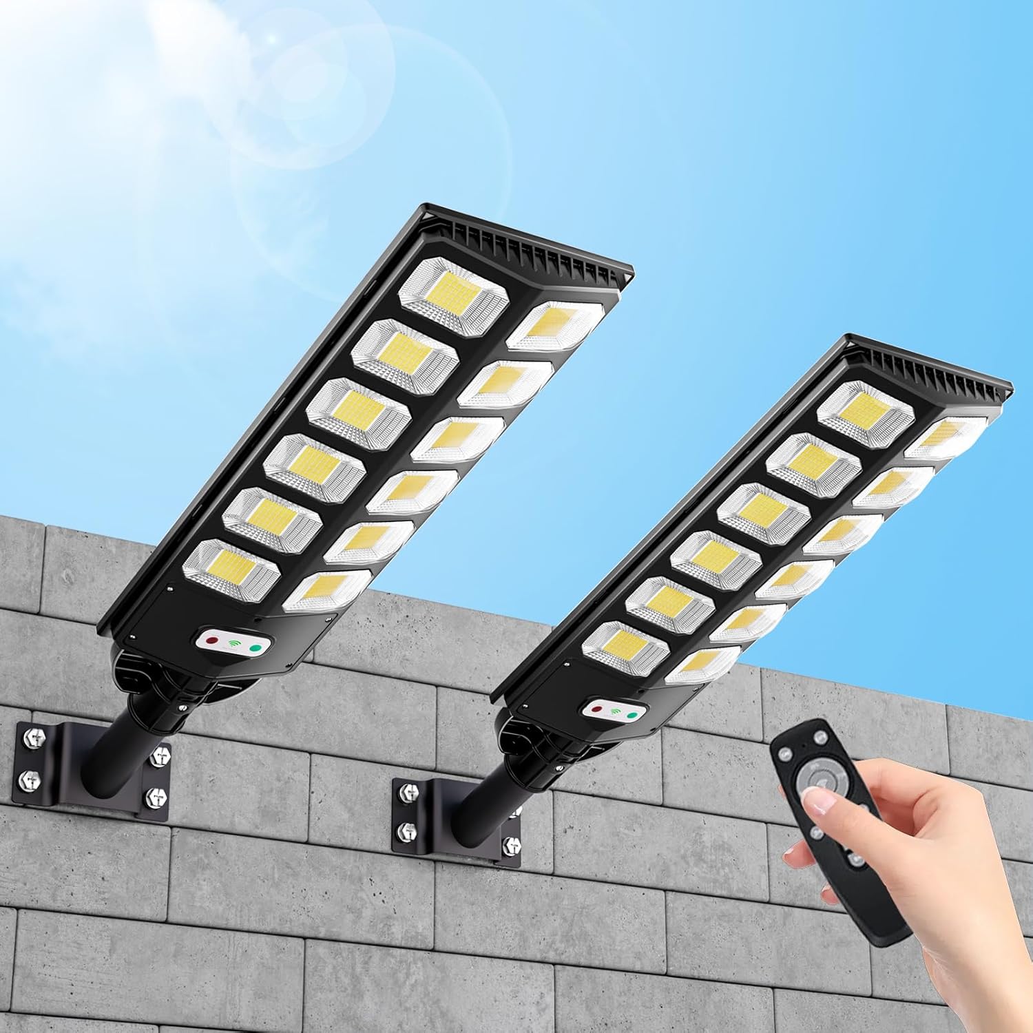 Solar Street Lights Outdoor Waterproof, IP66 15000LM 6500K Solar Flood Lights Dusk to Dawn Wide Angle Motion Sensor and Remote,Upgrade Metal Fixing Rod (2 Pack)