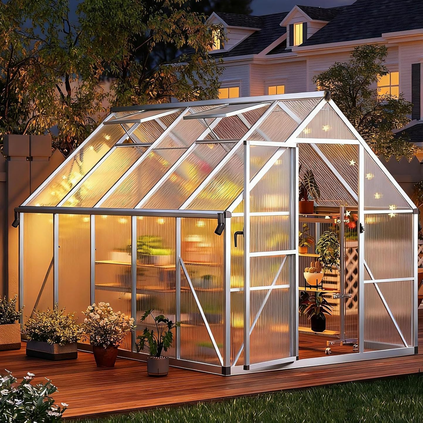 8x10 Ft Sturdy Greenhouse with Roof Vent, Polycarbonate Greenhouse with Lockable Door, Aluminum Large Walk-in Green House for Outside Garden Backyard, Patio, Lawn, and Garden