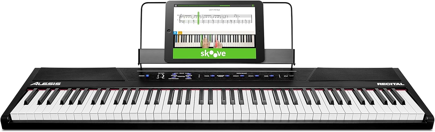 Alesis Recital – 88 Key Digital Piano Keyboard with Semi Weighted Keys & RockJam 61 Key Keyboard Piano Stand With Pitch Bend Kit, Piano Bench, Headphones, Simply Piano App & Keynote Stickers