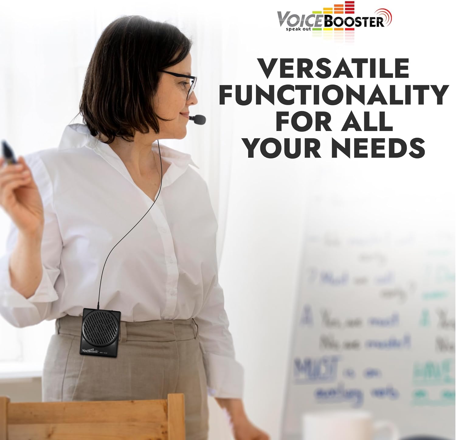 Voicebooster Speak Out Personal Voice Amplifier 10watt Wearable Portable Speaker with Microphone Headset for Classroom Teachers, Tour Guide, Public Speaking, Presentations – MR1506 (Black)