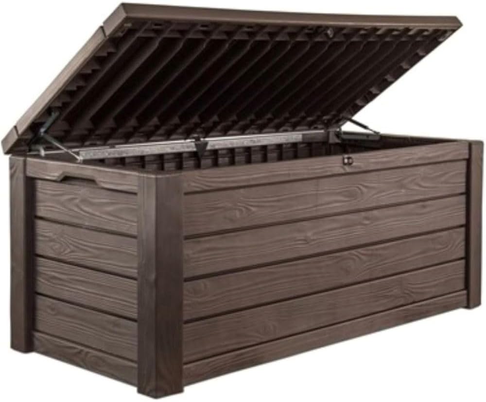 150-gallon Outdoor Storage Deck Box Resin Patio Bin Waterproof Container with Wood Grain Design Multipurpose Bench for Garden Yard Pool Accessories Cushion Storage, Brown