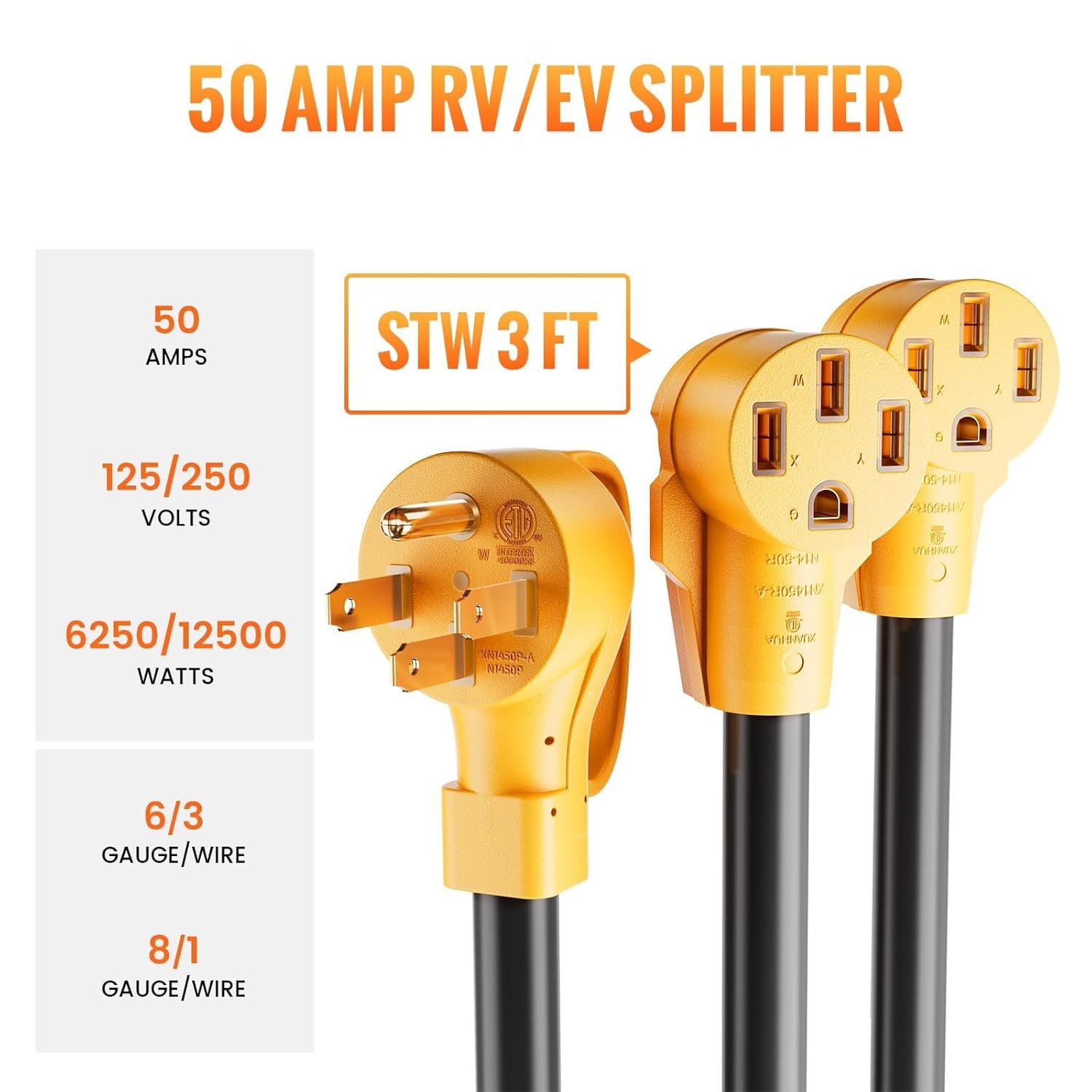 MECMO 50 Amp Y Splitter for RV/EV Charging, ETL Listed, 4 Prong 250-Volt NEMA 14-50P to 2X 14-50R Adapter, 14-50P to L14-30R Generator Transfer Switch for Power Backup, 30 Amp Twist Lock Home Inlet