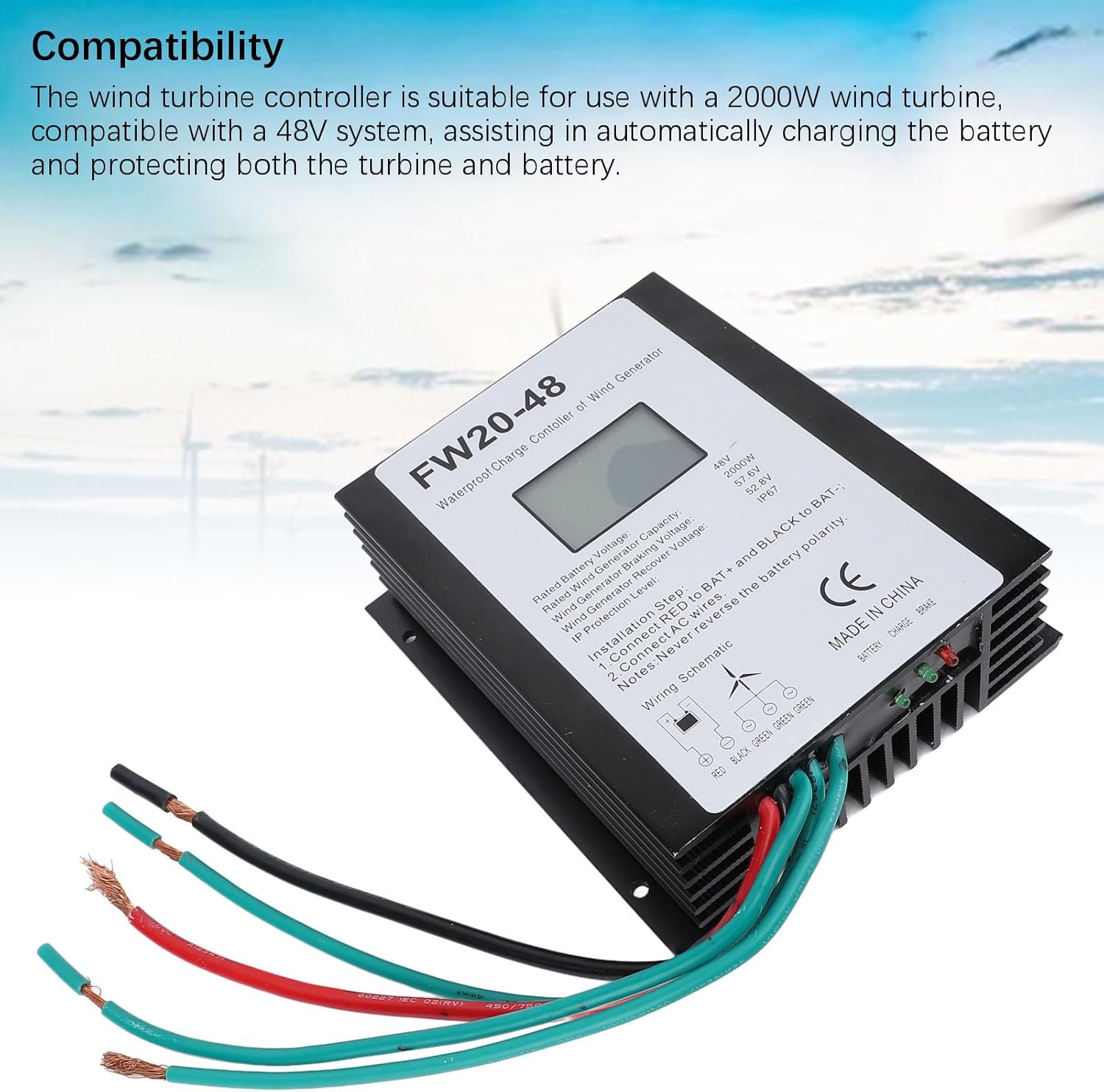 Pilipane 2000W Wind Turbine Charge Controller 48V IP67 Water MPPT Wind Turbine Generator Controller with LED Display for Home Use Aluminum Alloy Shell