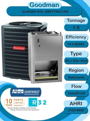 Goodman 1.5 TON 14.3 SEER2 R-32 AC Only System and Front or bottom return air handler with 5kW heat kit (GLXS4BA1810 condenser and AWST18SU1305 air handler)