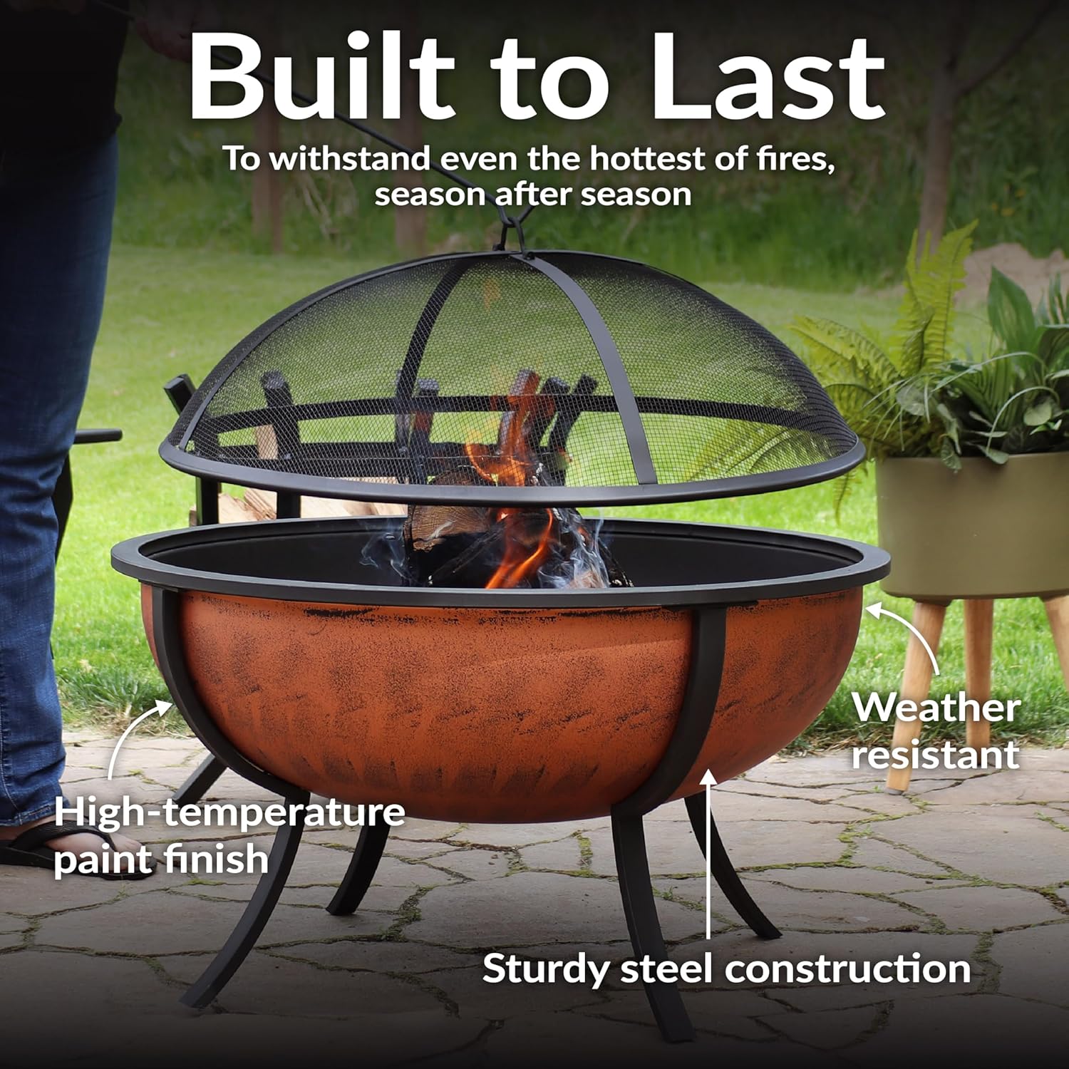 Sunnydaze 32-Inch Copper Fire Pit for Outside - Wood-Burning Fire Pit Bowl with Spark Screen, Wood Grate, and Poker