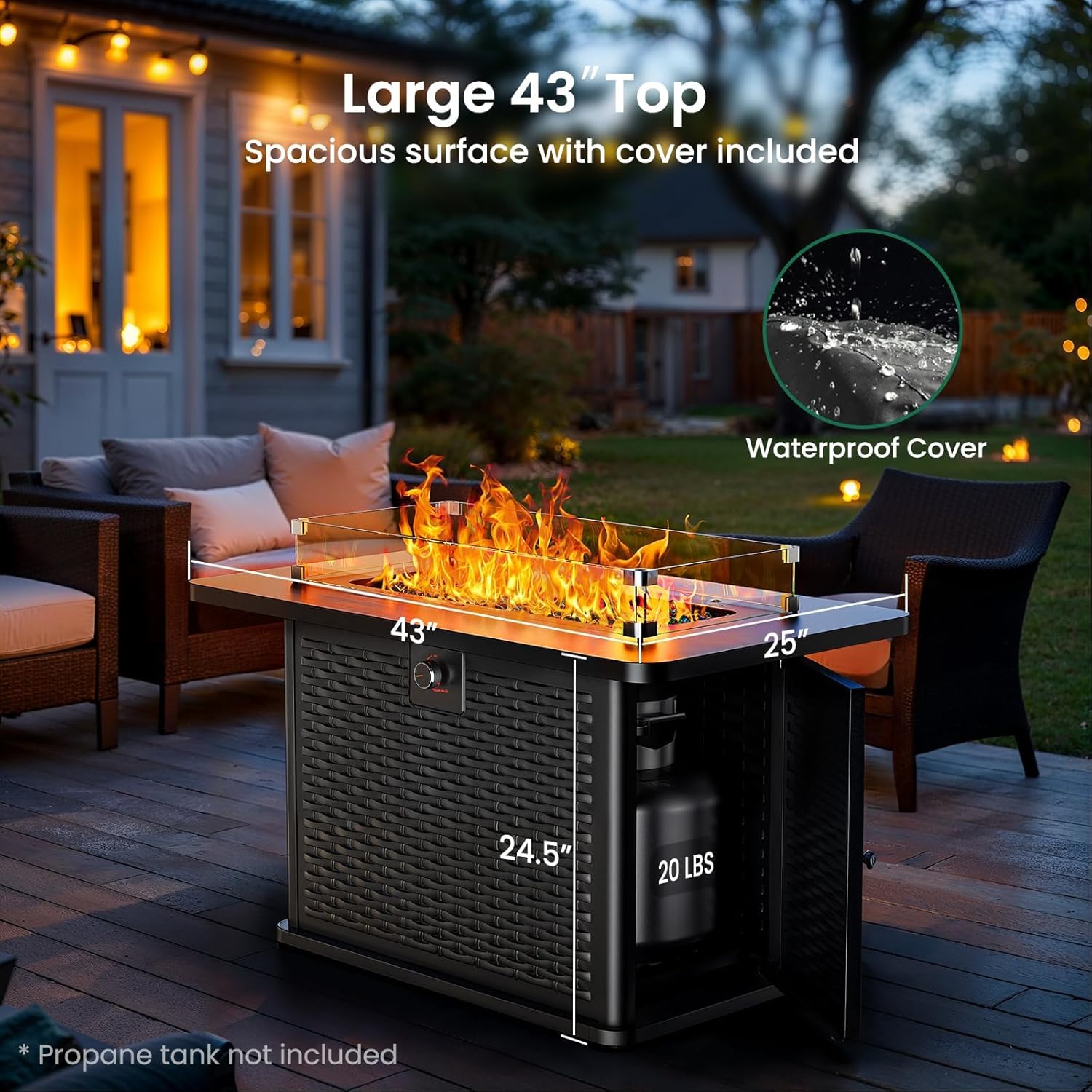 Ciays 43-Inch Rectangular Propane Fire Pit – 60,000 BTU Output, Premium Gas Fire Pit Table for Outside Patio, 304 Stainless Steel H-Burner, Glass Stones & Wind Guard, Black Finish