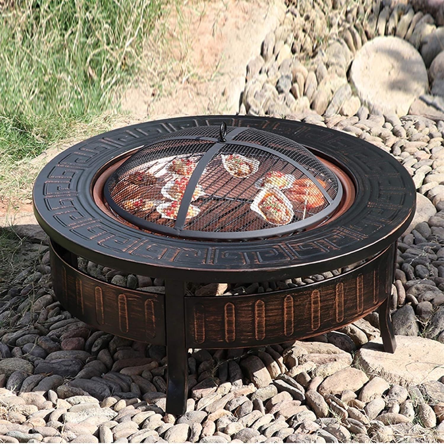 Outdoor Fire Pit 32-inch Campfire Pit Stool Set, Wood Burning Fire Bowl, Grill with Mesh Spark Sieve Cover Grate Poker