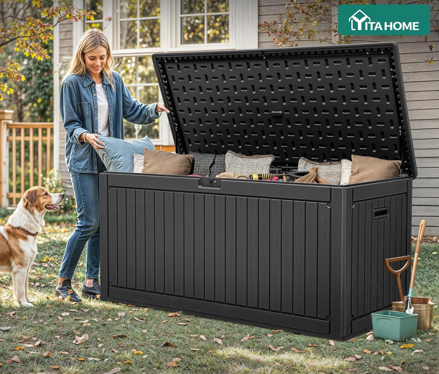 YITAHOME 260 Gallon Double-Wall Deck Box with Divider & Side Handles, Outdoor Large Storage for Patio Furniture Cushions, Garden Pool Accessories, Water Resistant & Lockable