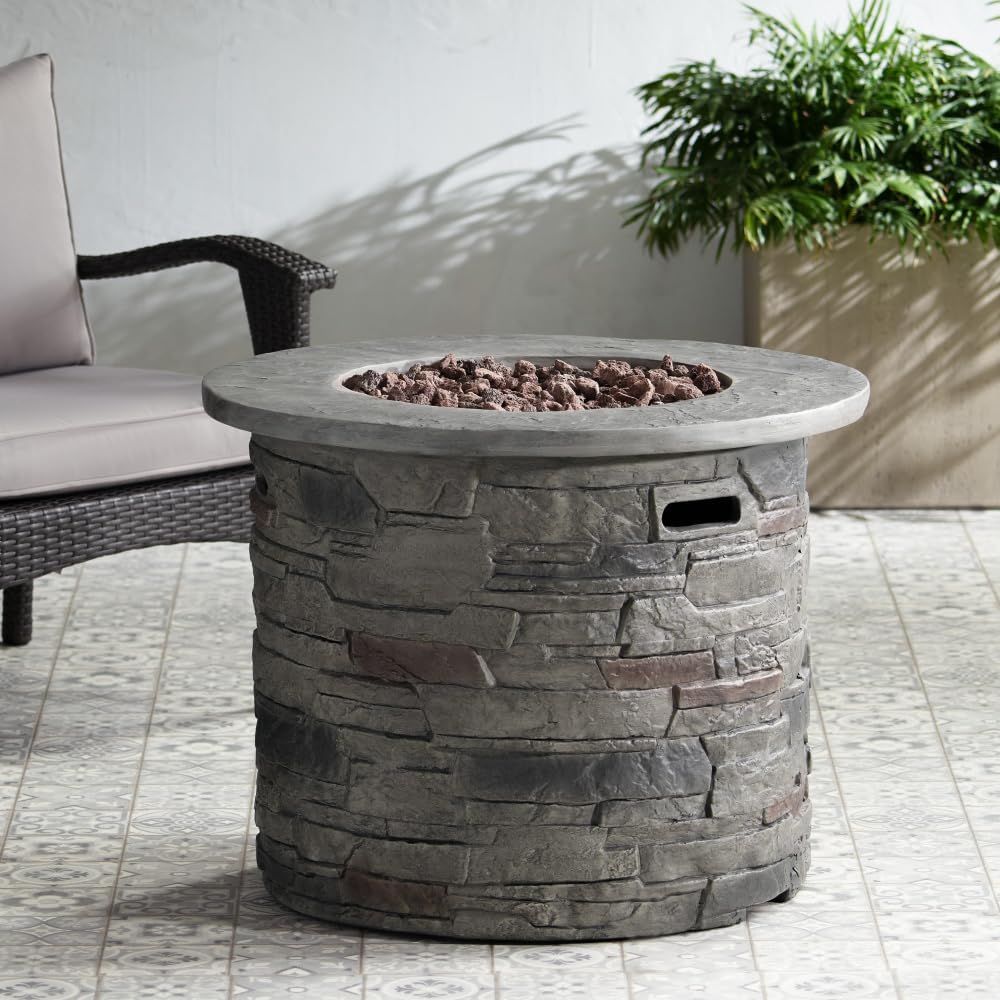 40000BTU Outdoor Propane Fire Pit Table– 31″ Round Weather‑Resistant Concrete Look Fire Table with Lava Rocks, Covered Tank Storage & Push‑Button Ignition for Patio Backyard Gatherings