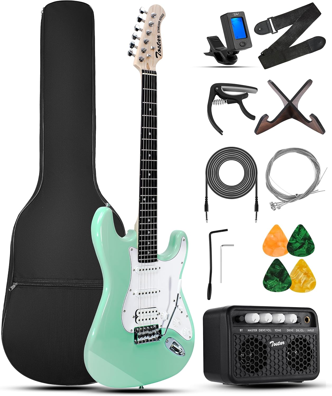 Tostar Electric Guitar Full Size Kit for Beginners 6 String with Amp SSH Pickup with Gig Bag,Capo,Tremolo,Tuner, Strap, Picks Green Electric Guitars 39